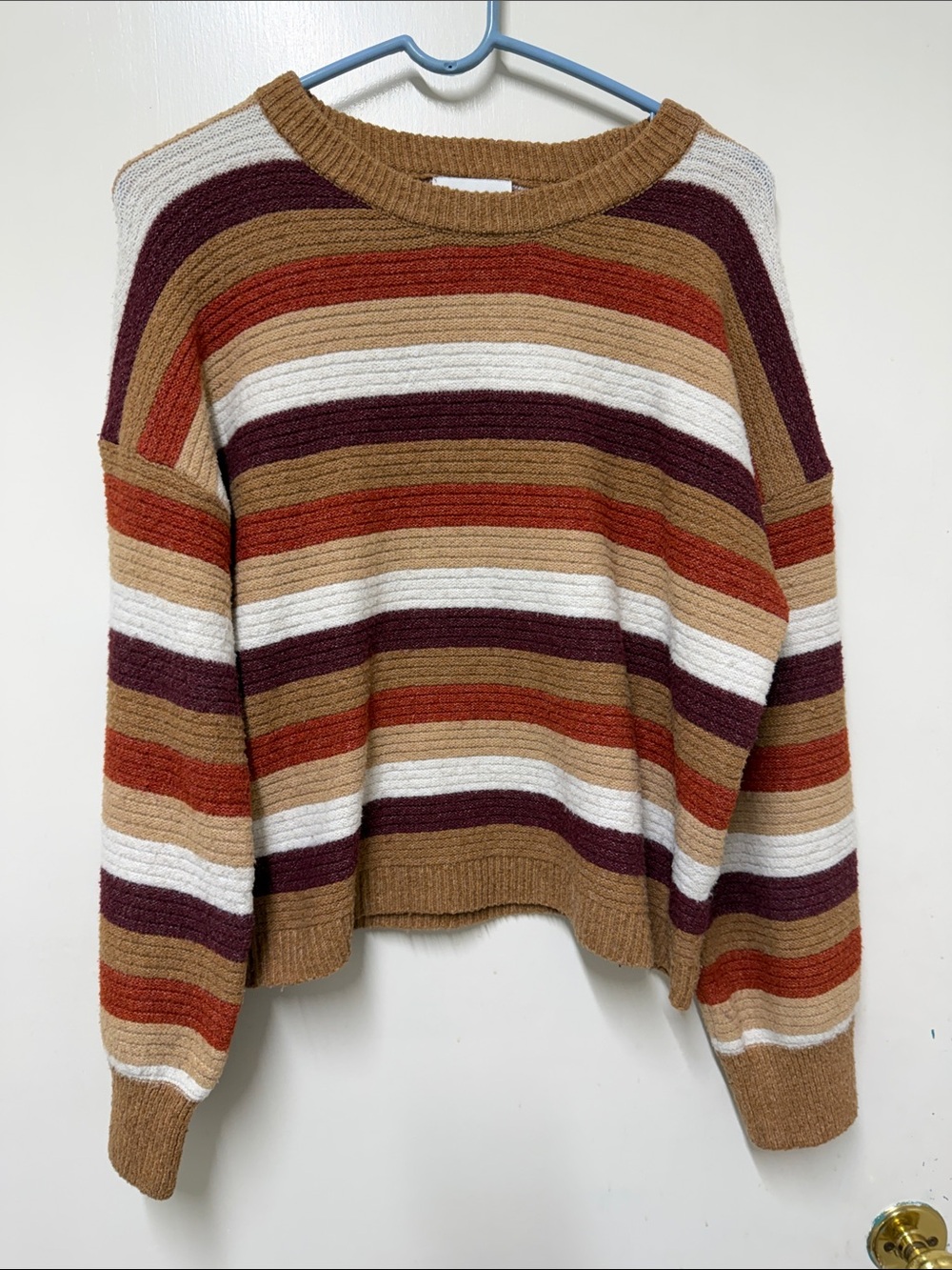 Pink Rose Striped Crewneck Sweater in Camel, Rust, White & Burgundy